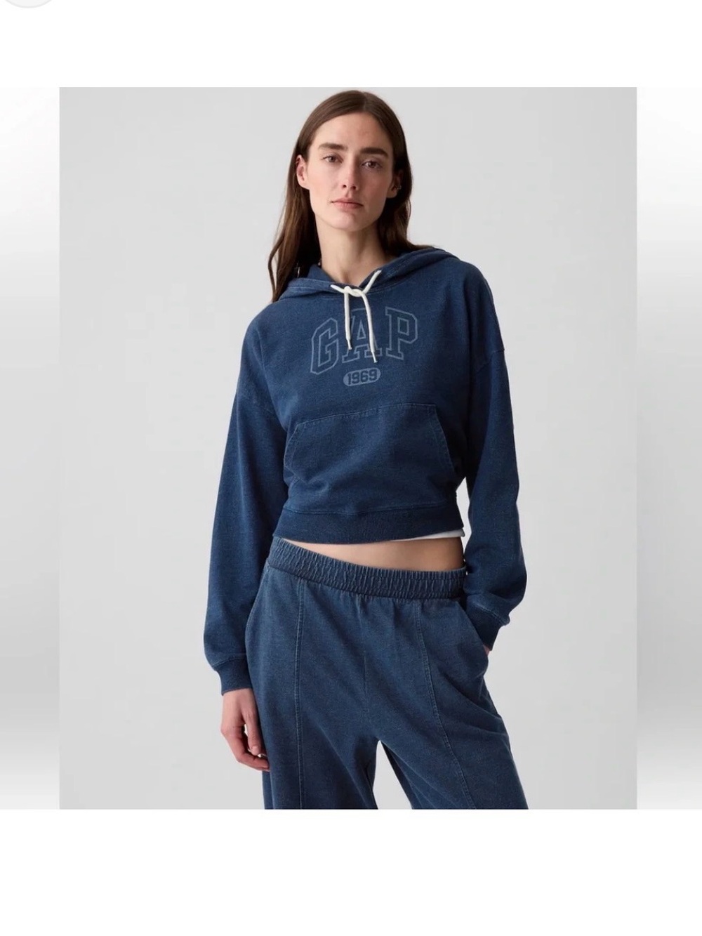 NWT GAP Arch Logo “Denim” Cropped Hoodie Women’s Large Indigo 100% Cotton
